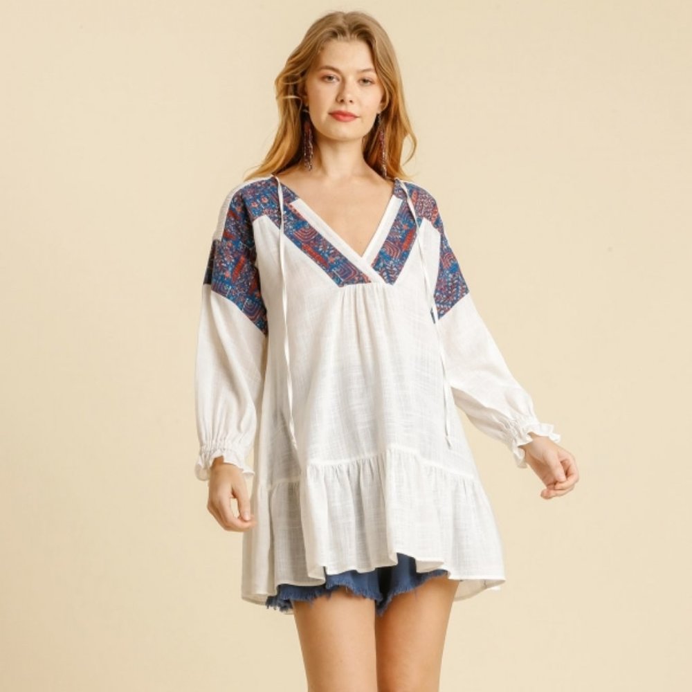 Umgee Linen Blend Print Detail Top